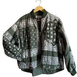 THE GREAT. Quilted Bomber Jacket Army Bandana Patchwork Size 1 Small Green NWT